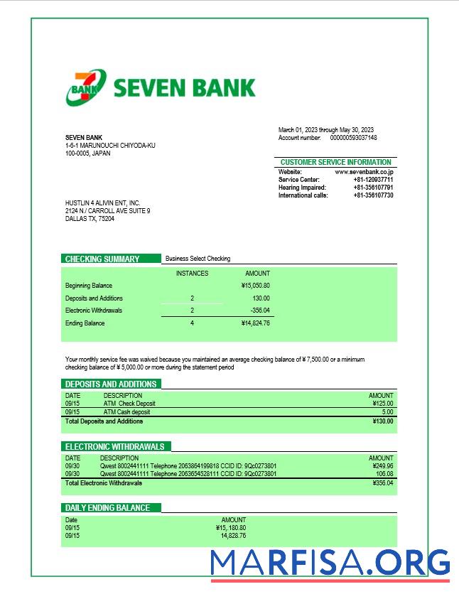 Printable Seven Bank company checking account statement Word and PDF template